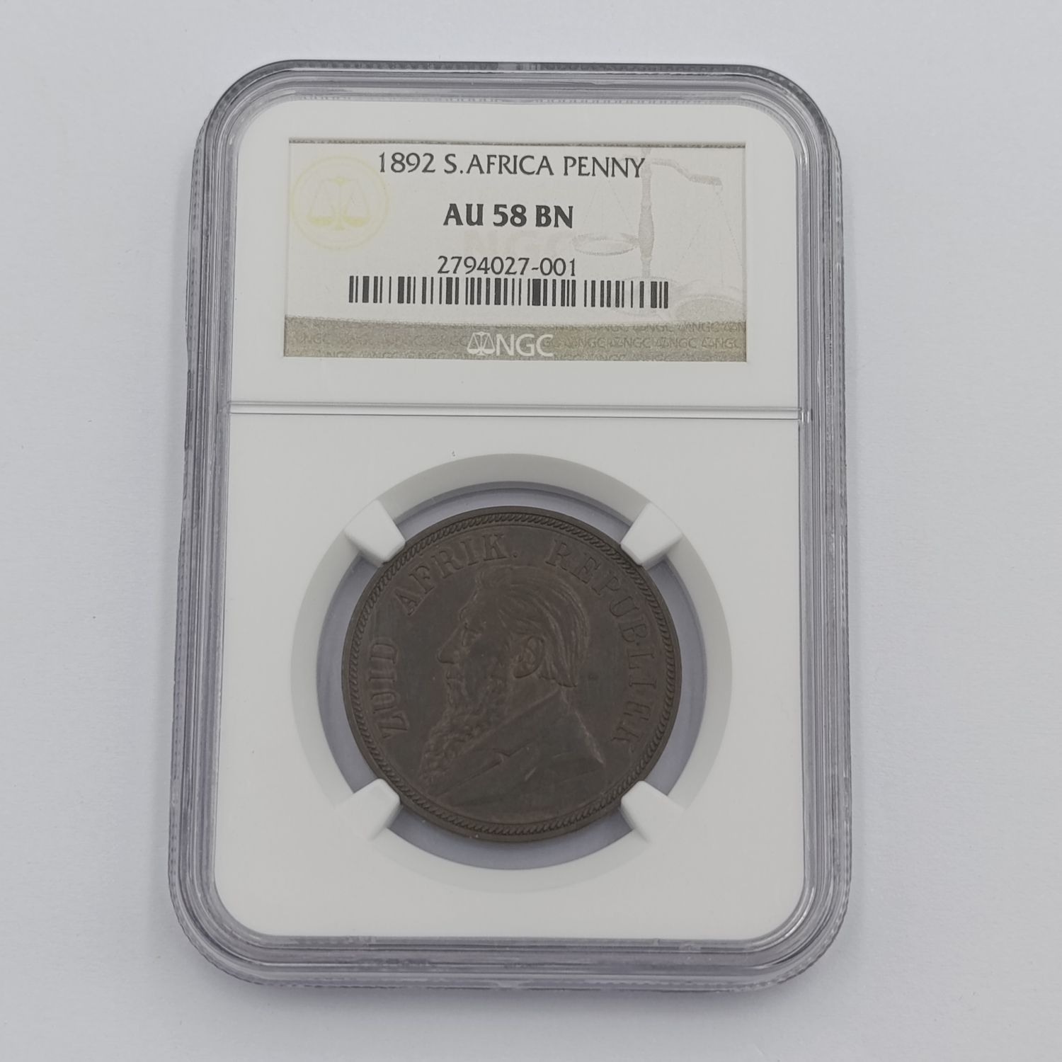 1892 ZAR Kruger Penny graded AU58 BN by NGC