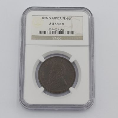 1892 ZAR Kruger Penny graded AU58 BN by NGC