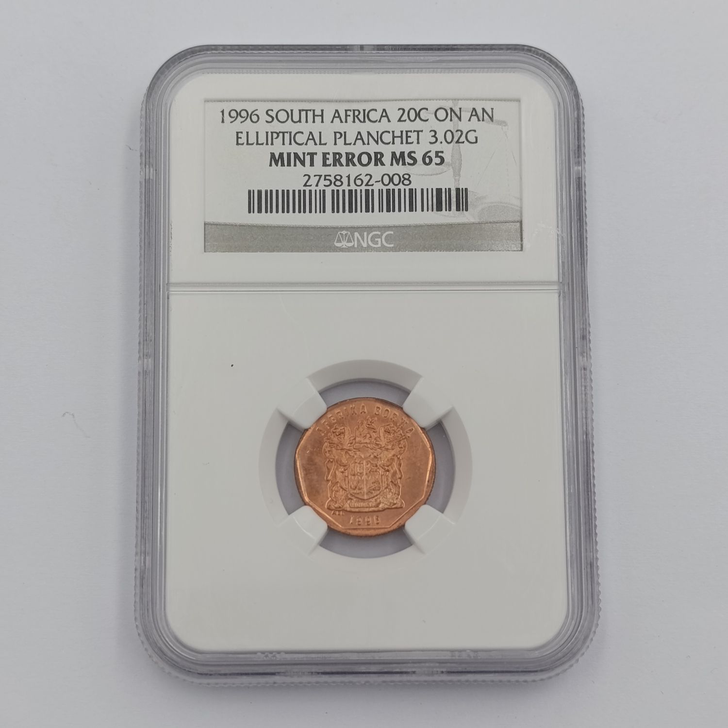 1996 RSA 20 cent on an Elliptical planchet mint error graded MS 65 by NGC