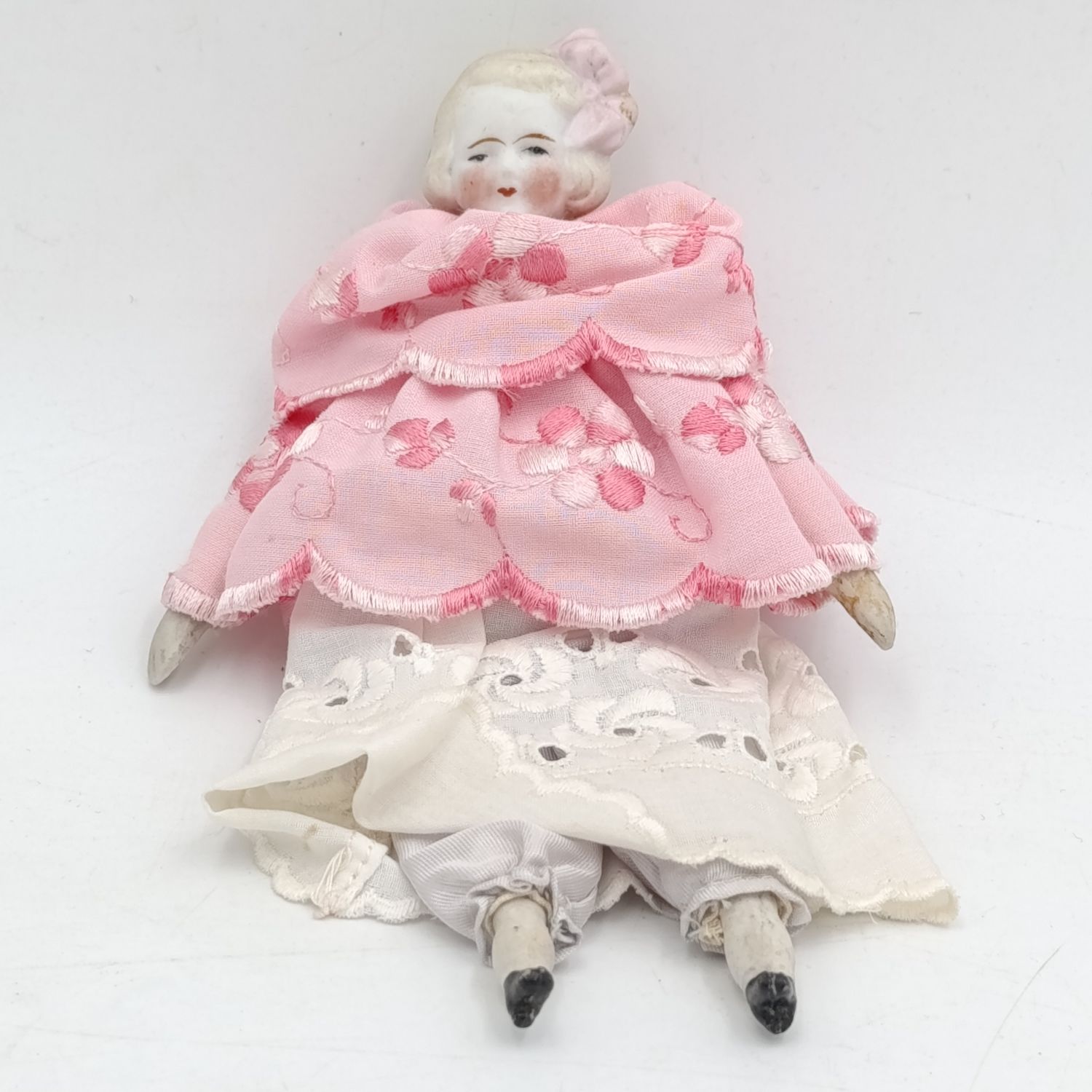 Antique blond hair rosy cheeks bisque doll - late 1800&#39;s - 17cm long
