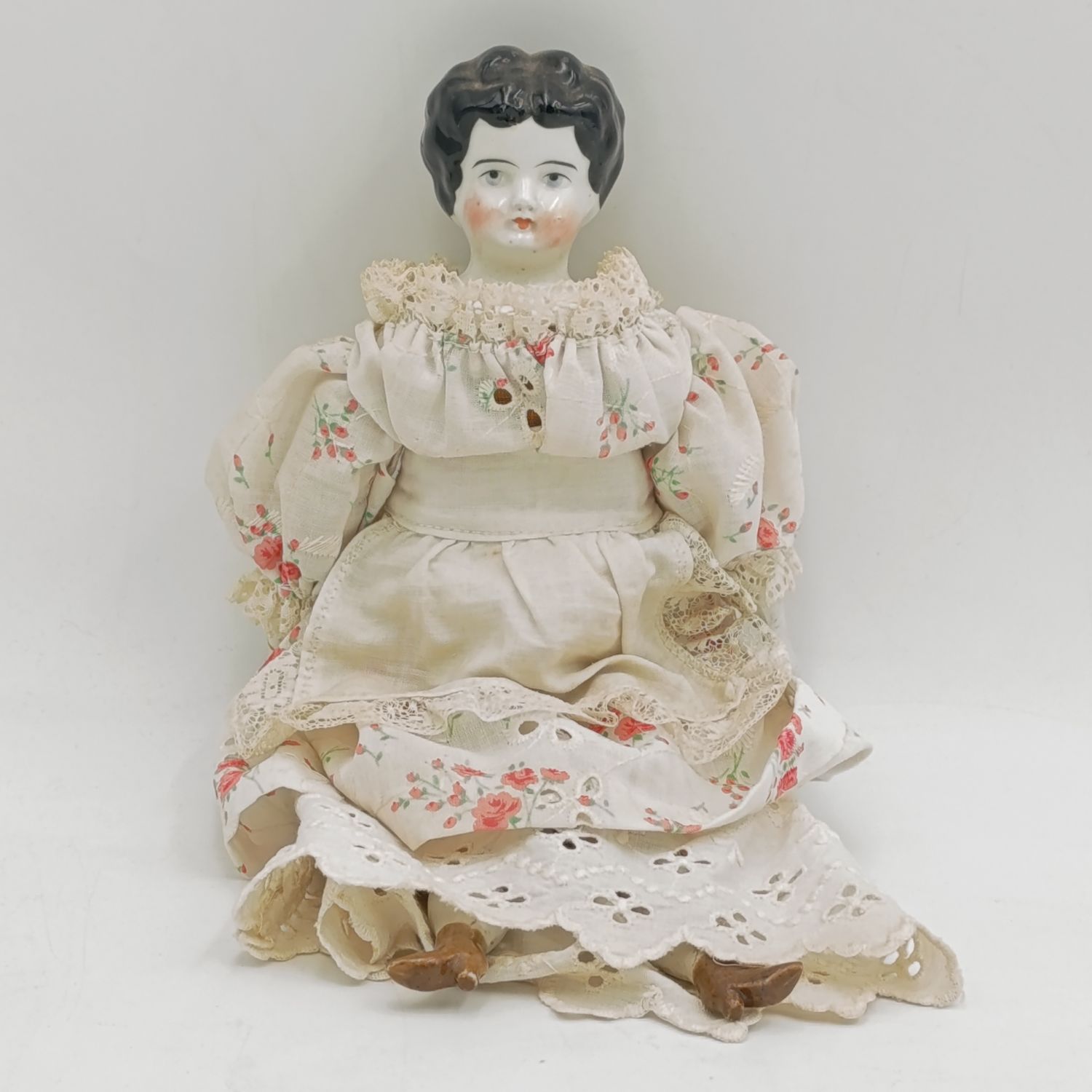 Antique German 12 inch flat top China head doll - Rosy cheeks blue eyes