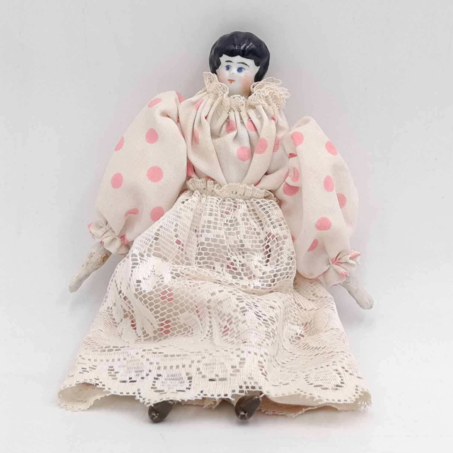 Antique blue eyes rosy cheeks dark brown hair doll - late 1800&#39;s - 21cm long