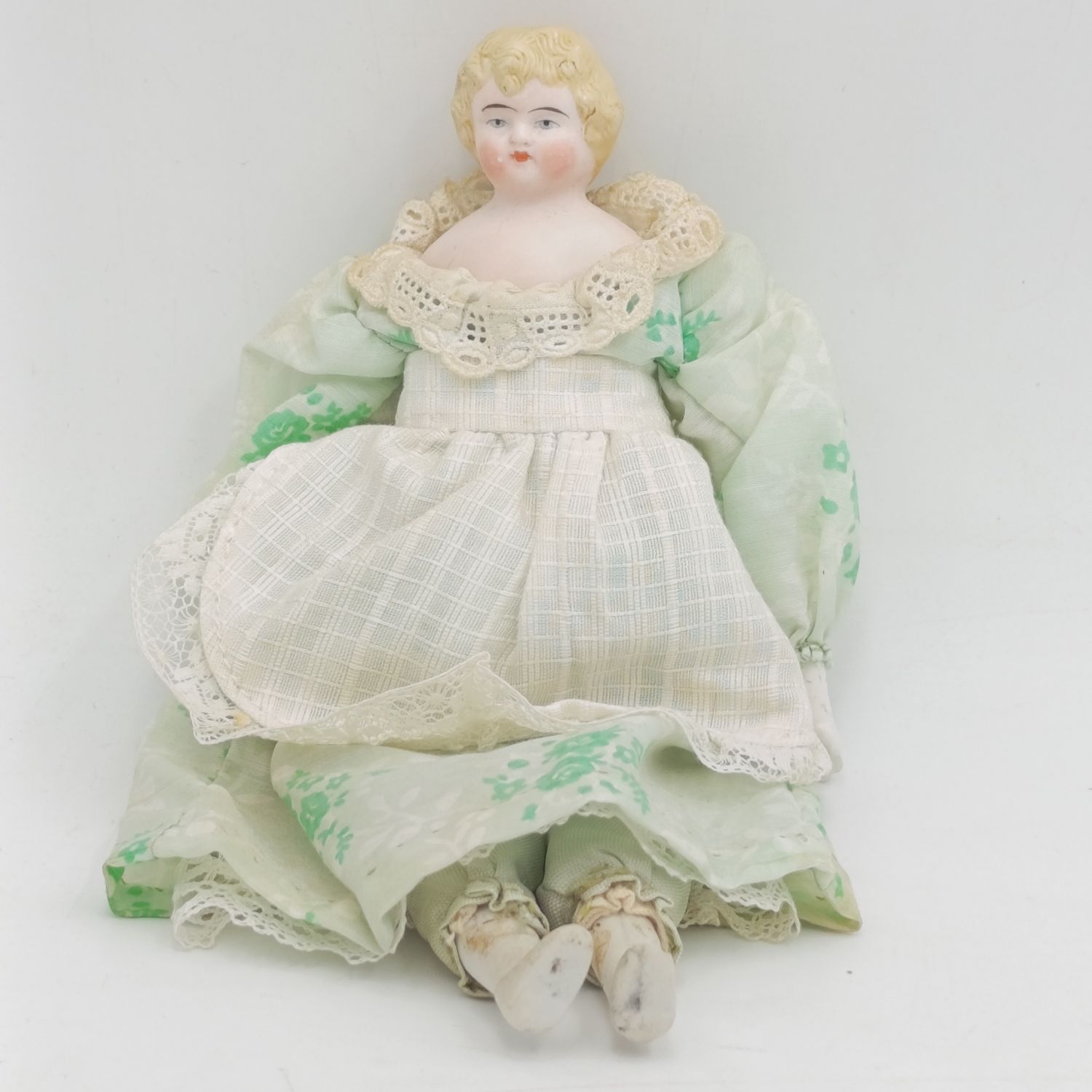 Golden blond rosy cheeks german Bisque doll - 19cm long - Antique late 1800&#39;s