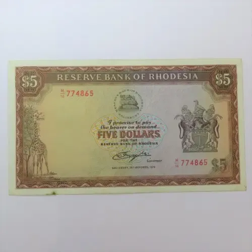 Reserve Bank of Rhodesia Five Dollars - 20 October 1978 - AU with small rust mark bottom