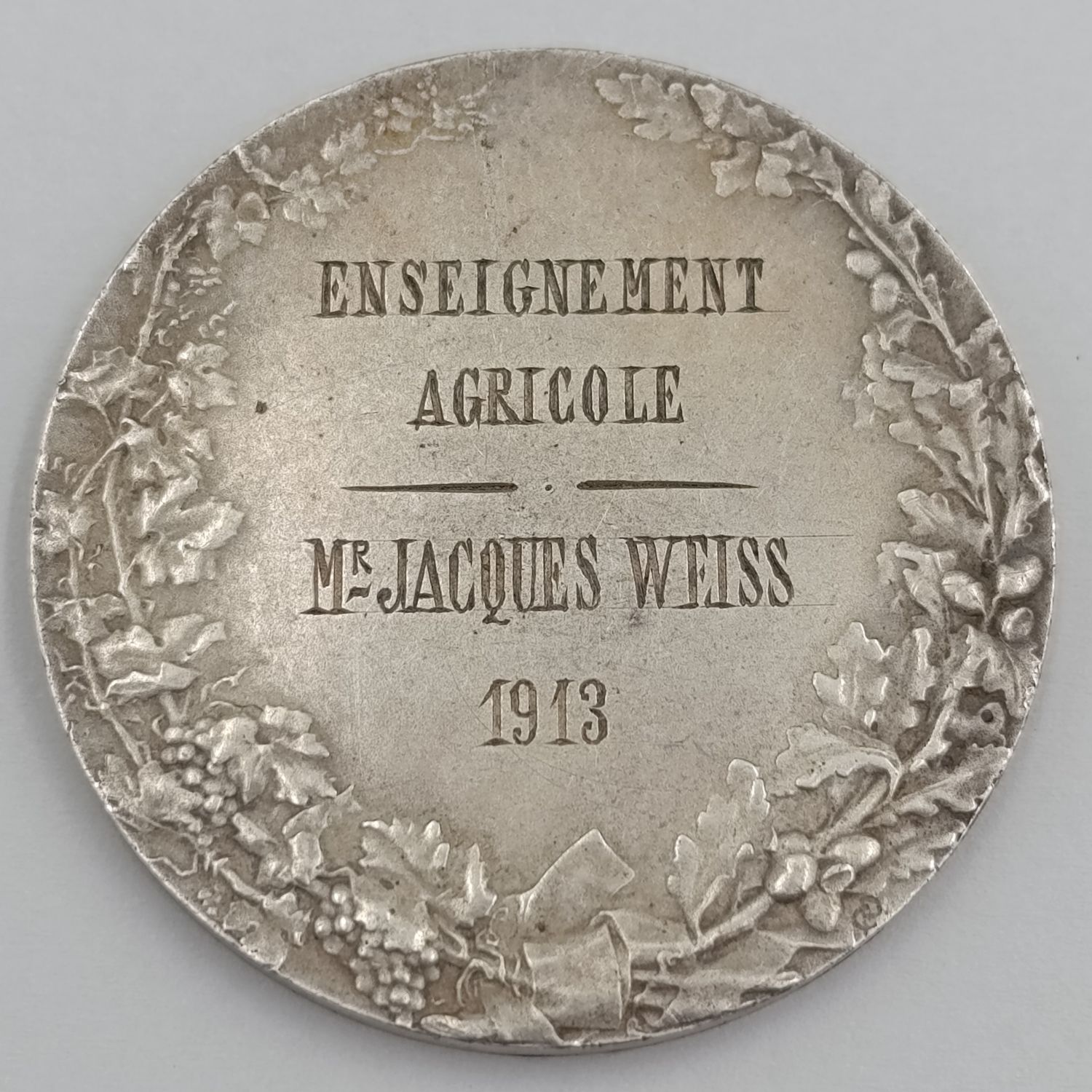 Antique 1913 Society of farmers of France medal - won by Mr. Jacques Weiss