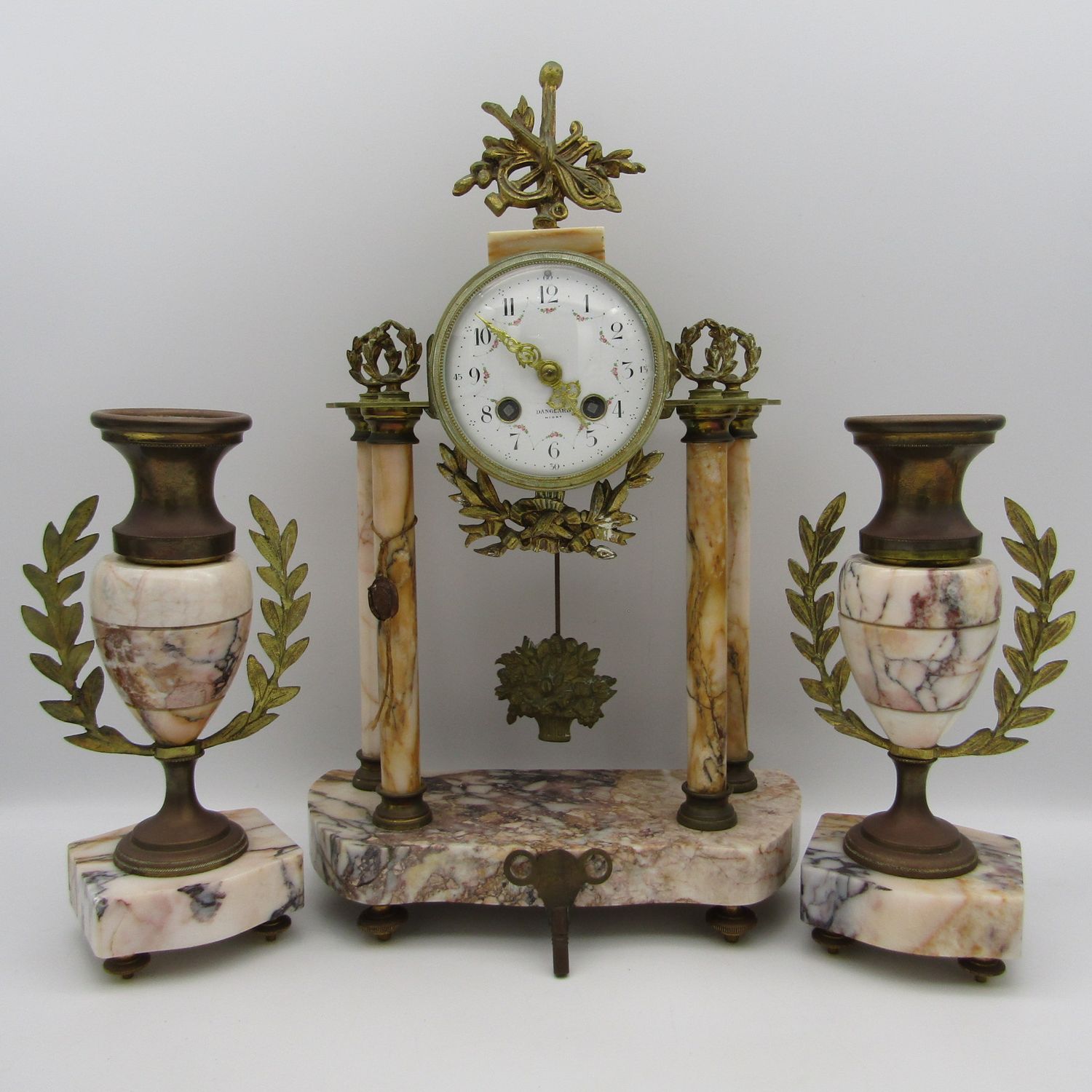 Antique Danglard Niort French gilt and marble clock with garnitures