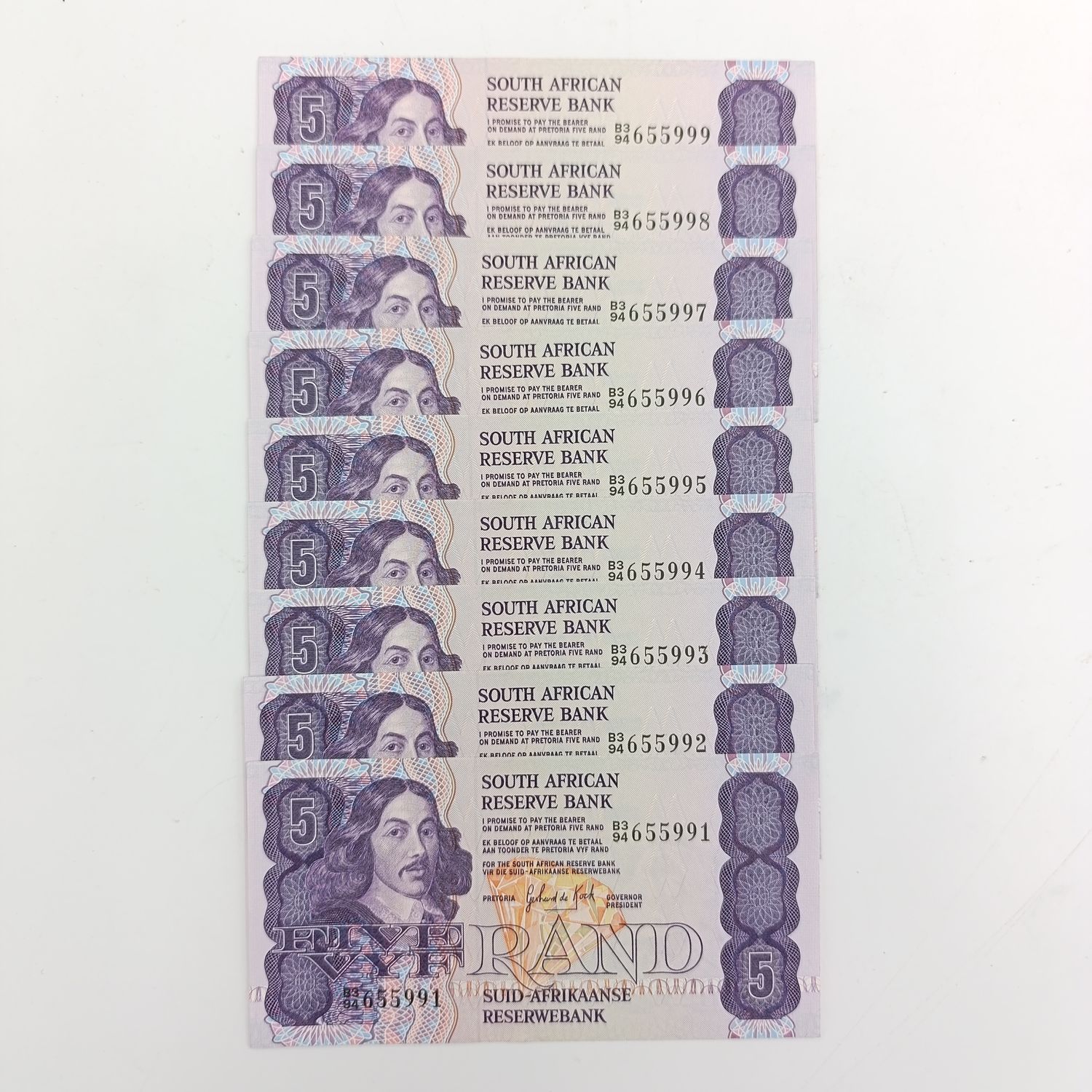 Banknotes SA GPC de Kock 2nd Issue Lot of 9 banknotes R5 with consecutive numbers - uncirculated