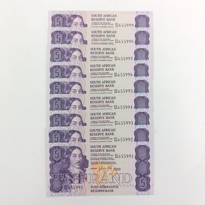 Banknotes SA GPC de Kock 2nd Issue Lot of 9 banknotes R5 with consecutive numbers - uncirculated