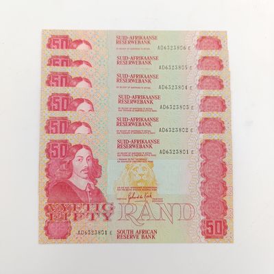 South Africa Banknotes Lot of 6 x R50 notes GPC de Kock - uncirculated with consecutive numbers