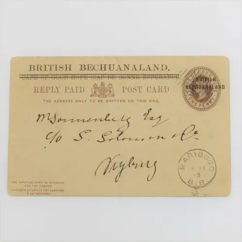 British Bechuanaland Reply Paid postcard from Maribogo Bechuanaland to Vryburg South Africa 1895