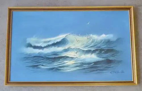 Keith English oil painting of breaking waves and seagull