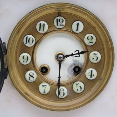Antique AD Mougin white marble mantel clock with garnitures