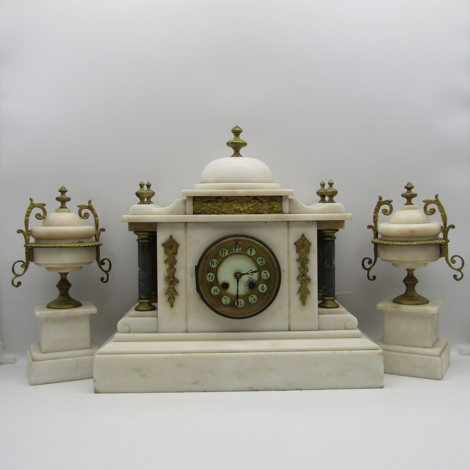 Antique AD Mougin white marble mantel clock with garnitures