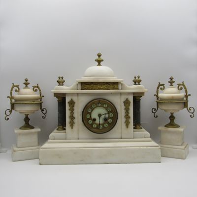 Antique AD Mougin white marble mantel clock with garnitures