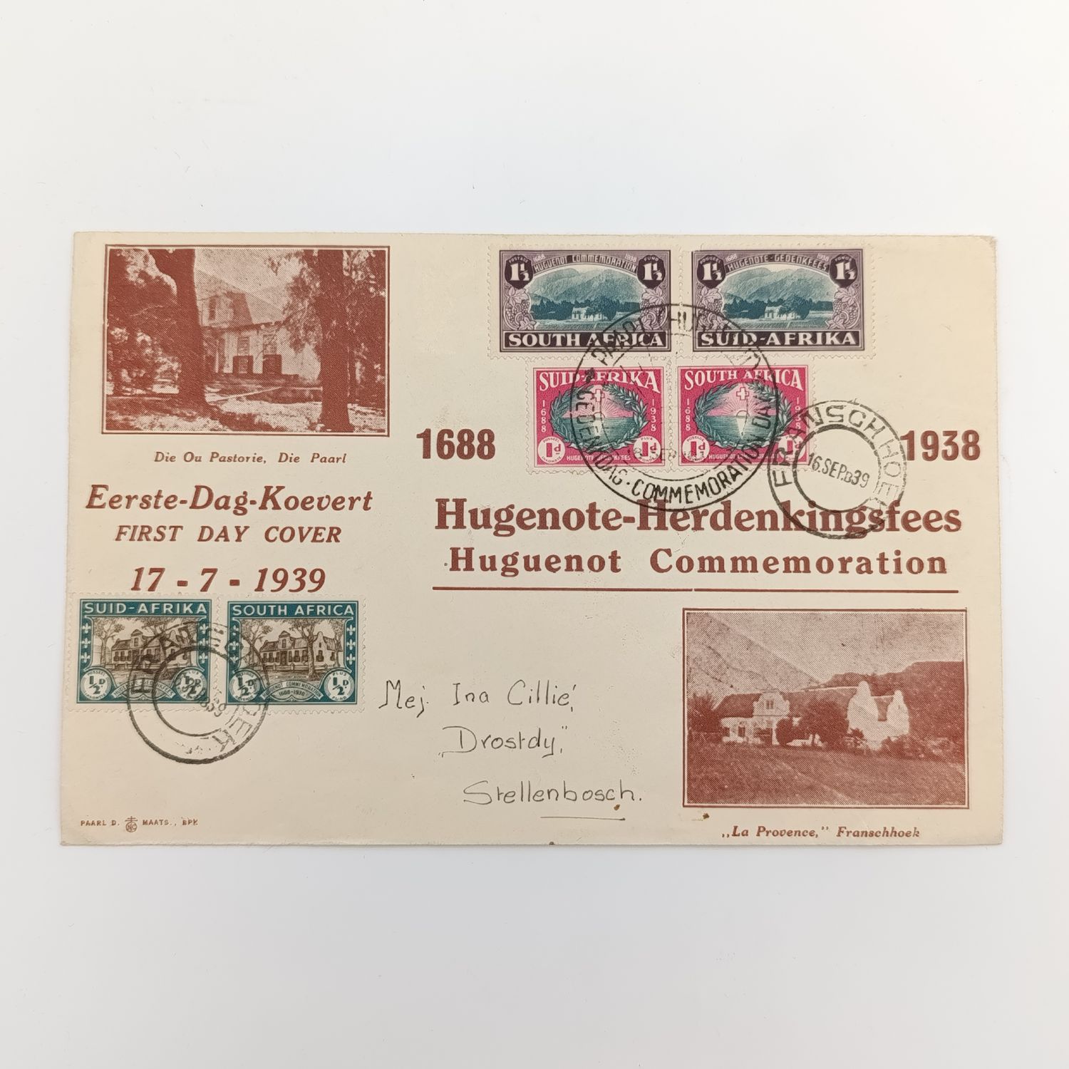 1939 South Africa Hugenot anniversary (16 Sept) set on cover