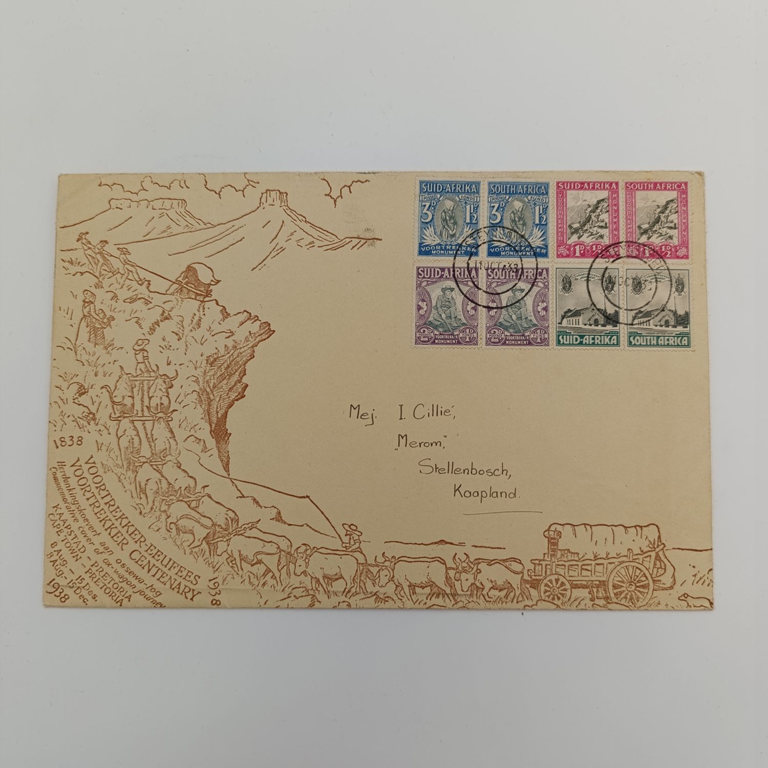 1938 South Africa voortrekker memorial fund cover with used pairs SACC51-54
