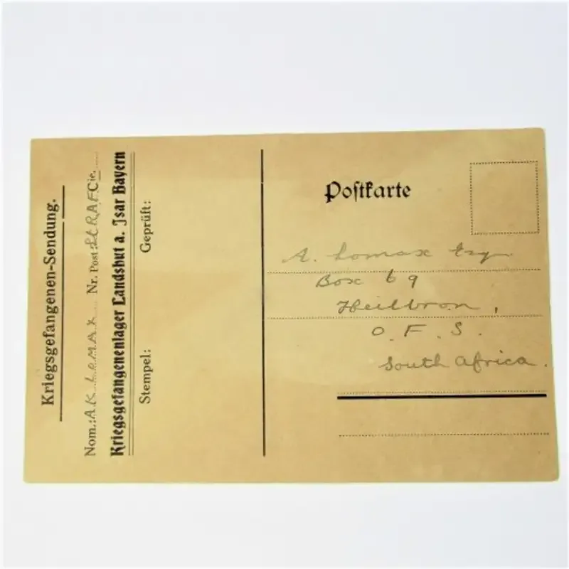 WW1 prisoner of war Postcard from Germany to South Africa by A.K. Lomax, 2nd LT R.A.F.C.