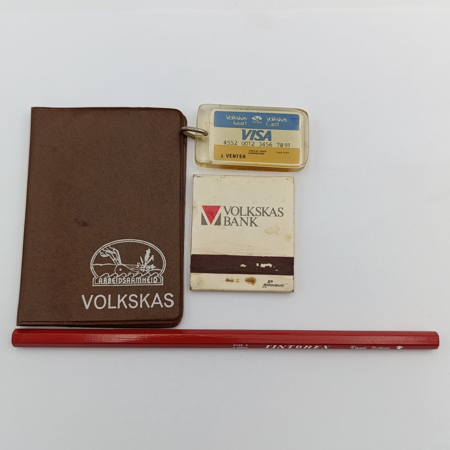 Lot of 5 vintage Volkskas bank items - unused pencil, bankcard booklet, manager&#39;s card, match booklet &amp; key holder