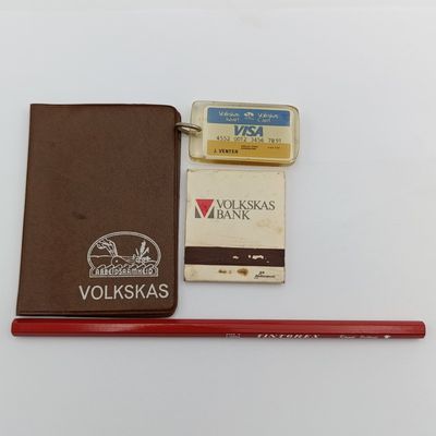 Lot of 5 vintage Volkskas bank items - unused pencil, bankcard booklet, manager&#39;s card, match booklet &amp; key holder