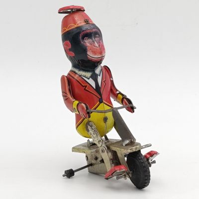 Vintage Mechanical Circus monkey on tricycle toy - needs some TLC