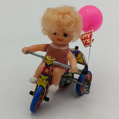 Vintage Tinplate Mechanical Girls tricycle toy in box - working