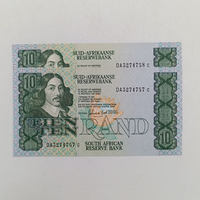 Pair of 1985 GPC de Kock R10 notes uncirculated in sequence