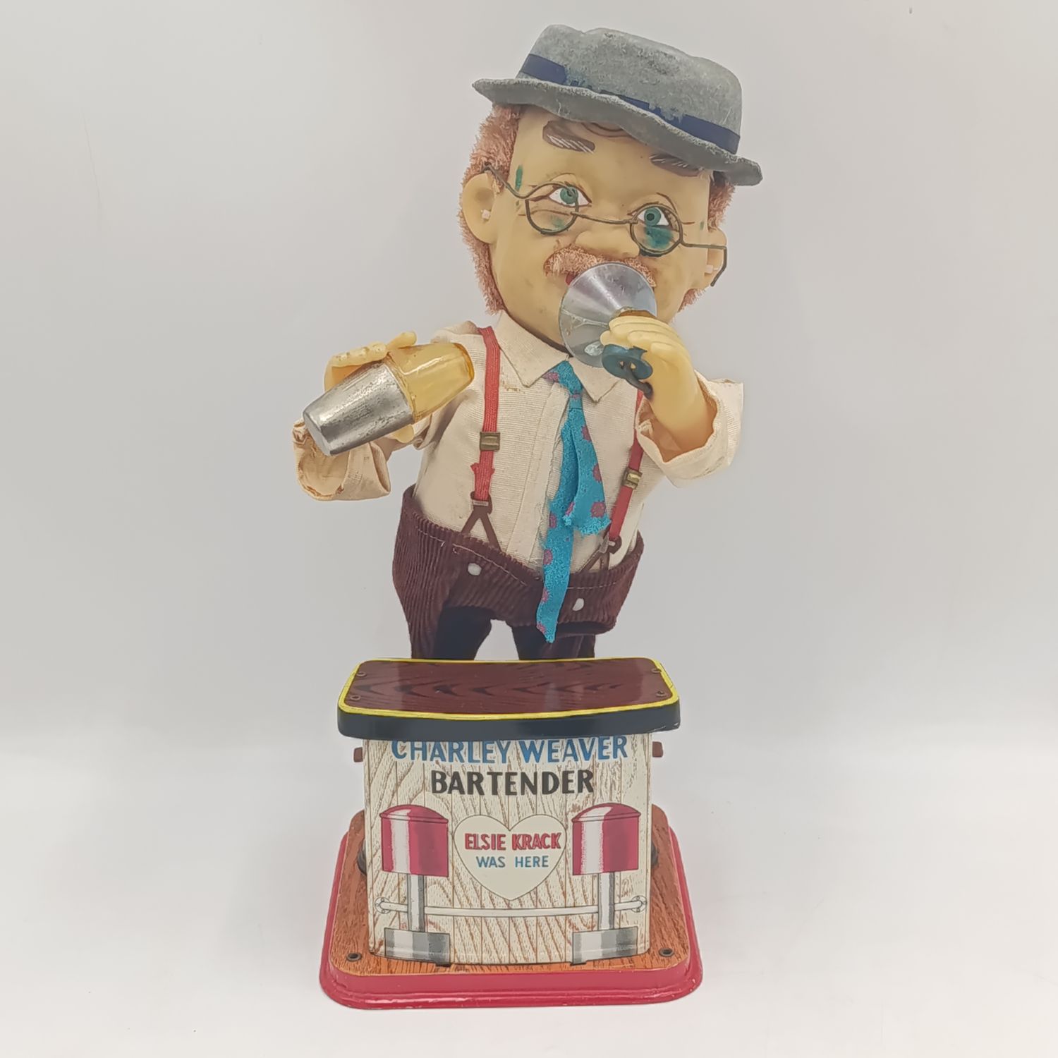 Vintage Charlie Weaver Bartender battery operated tin toy - working