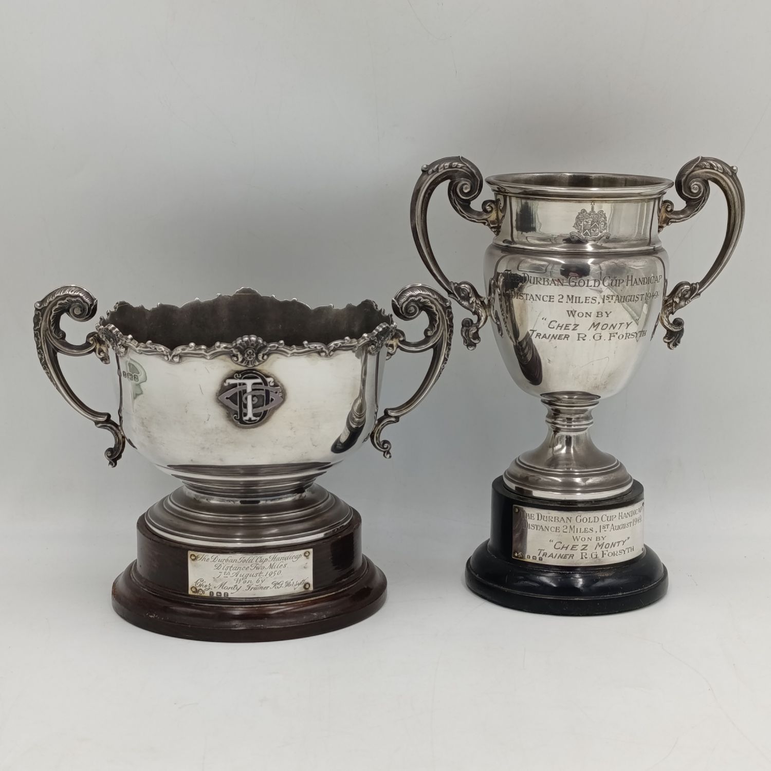 Pair of sterling silver cups won by horse &quot;Chez Monty&quot; ridden by well known Charlie Barends