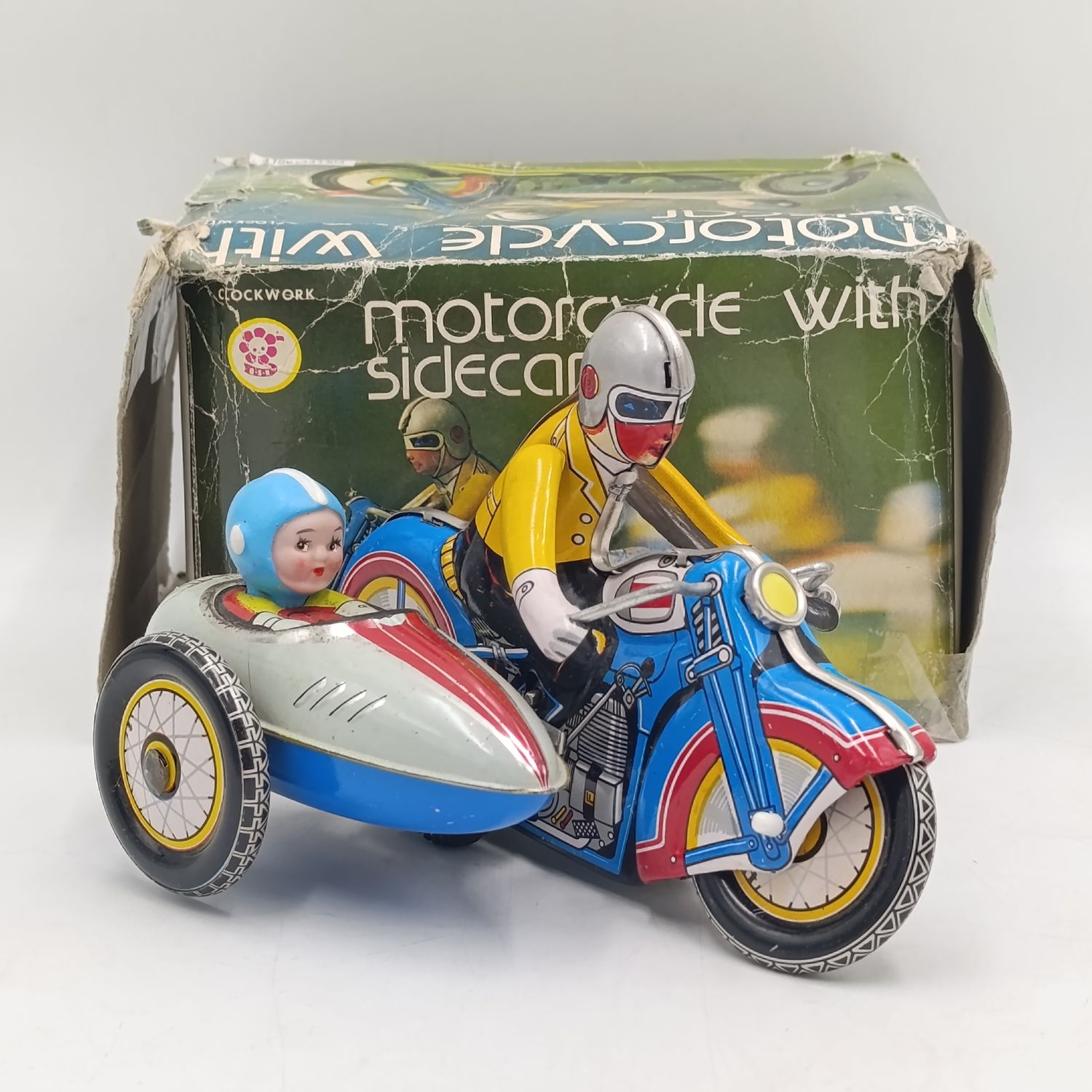 Vintage Chinese MS709 Motorcycle with sidecar mechanical tinplate toy in box
