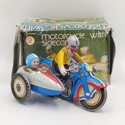 Vintage Chinese MS709 Motorcycle with sidecar mechanical tinplate toy in box
