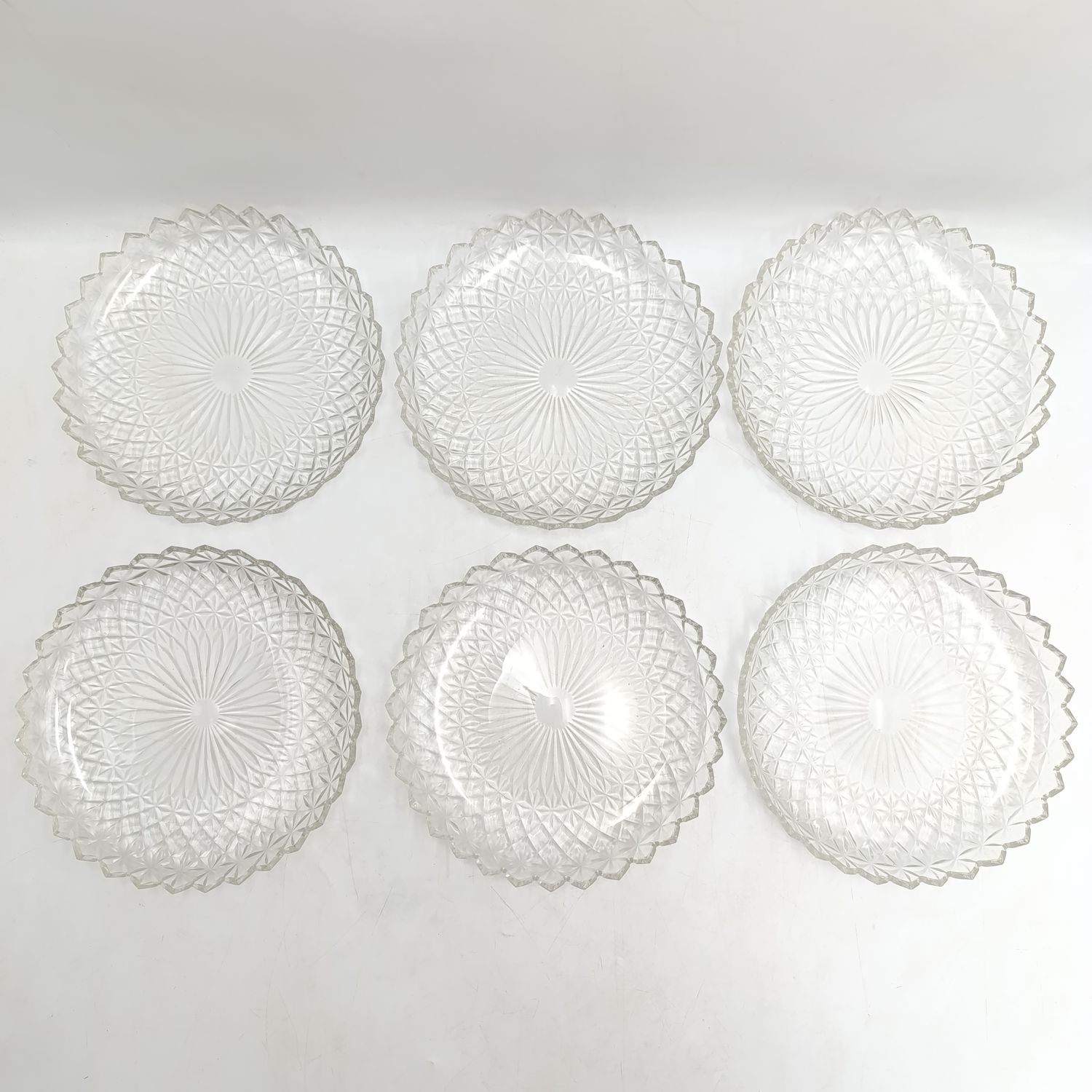 Lot of 6 vintage crystal glass snack plates - some small chips on rim