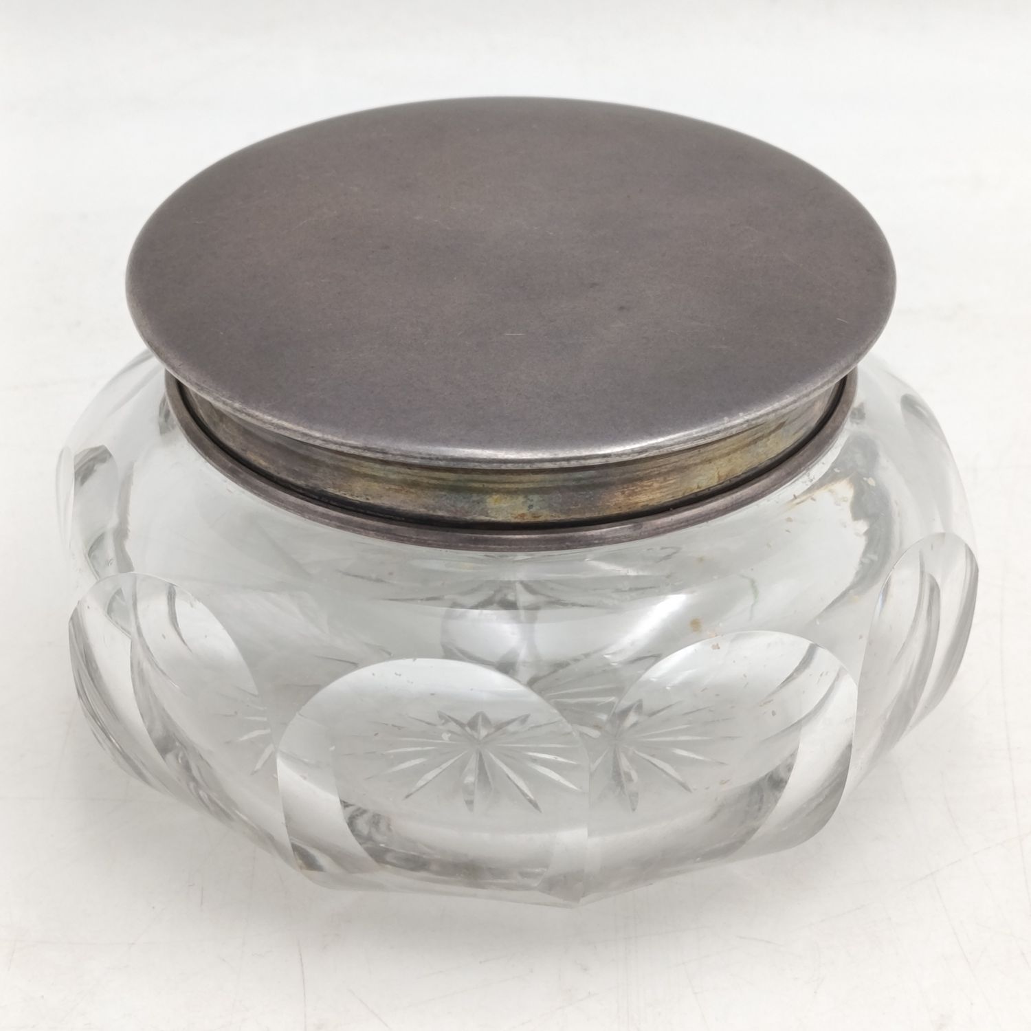 Vintage lead glass holder with silver lid - no hallmarks
