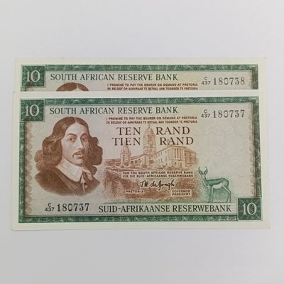 TW de Jongh set of 2 uncirculated R10 banknotes with consecutive numbers