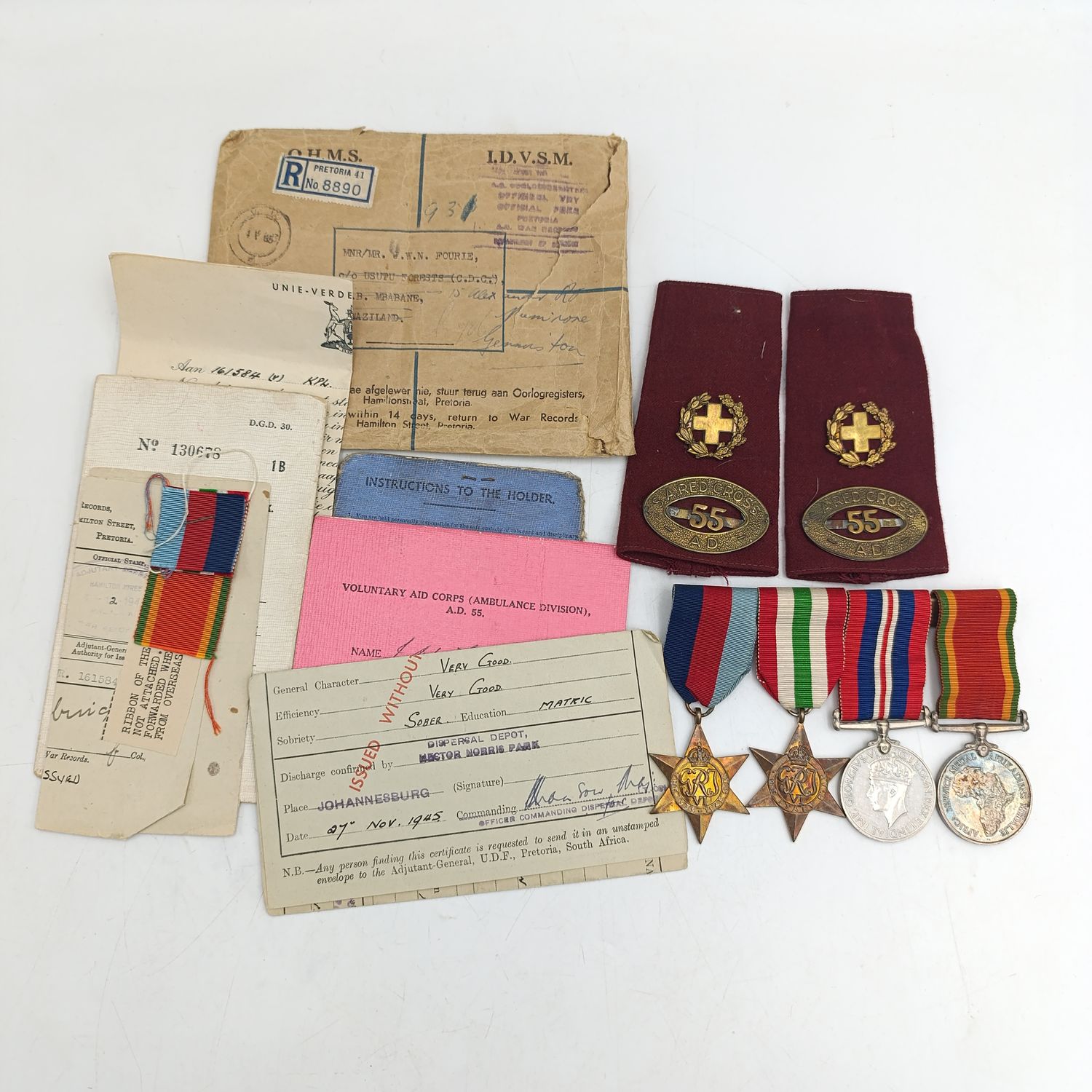 Set of WW2 Red Cross Medic Medal set issued to 161584 J.W.N Fourie with epaulettes and service cards and ID&#39;s