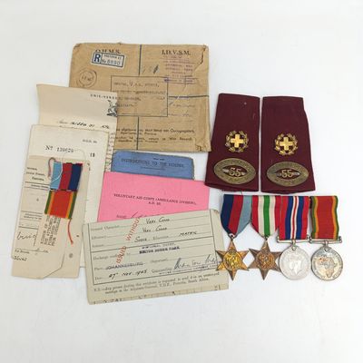 Set of WW2 Red Cross Medic Medal set issued to 161584 J.W.N Fourie with epaulettes and service cards and ID&#39;s