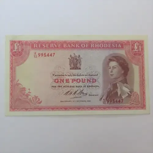 Reserve Bank of Rhodesia one pound Salisbury 14 October 1968 - EF+/AU with bent corner