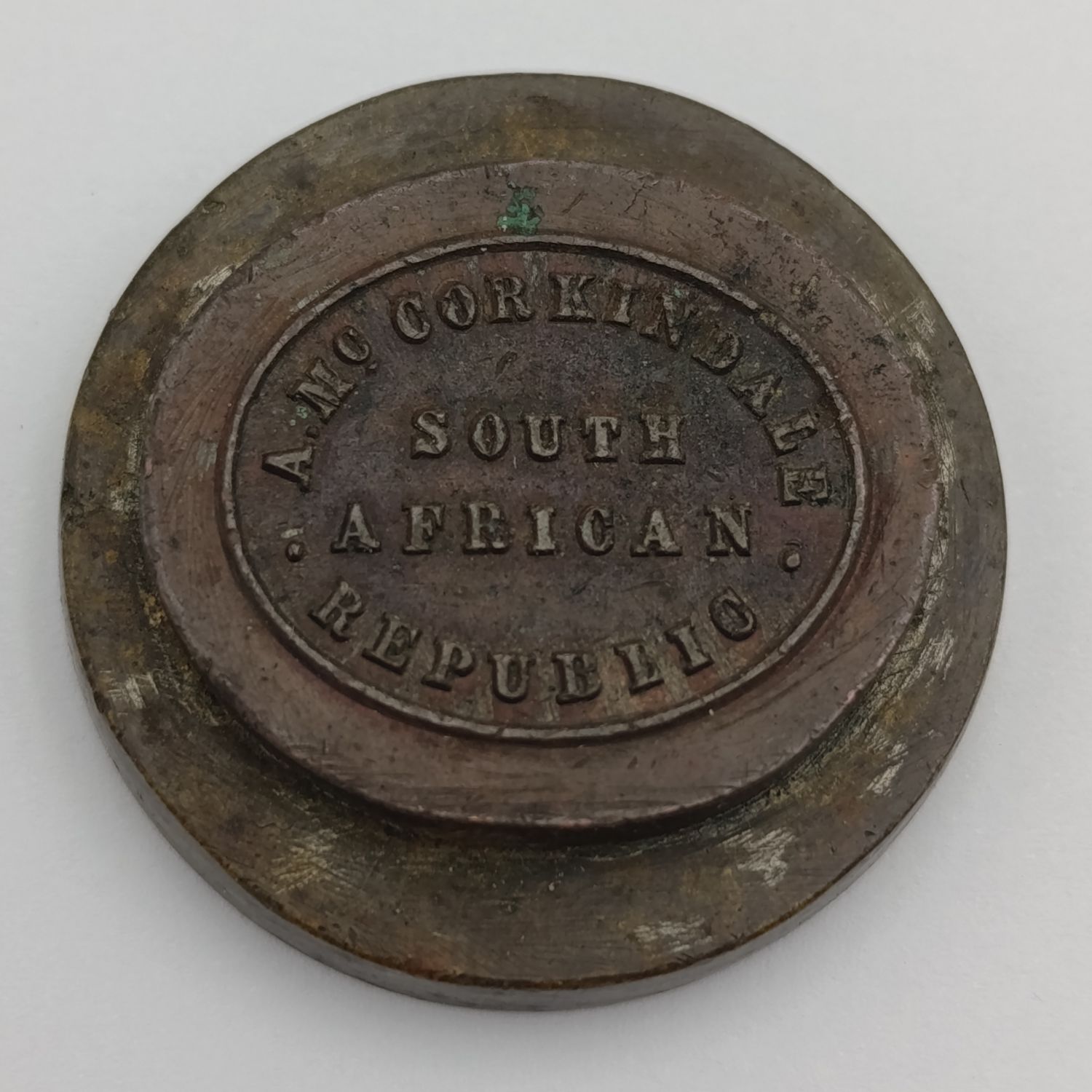 Copper disk inscribed A. McCorkindale  South Africa Republic - According to owner dates from late 1800&#39;s