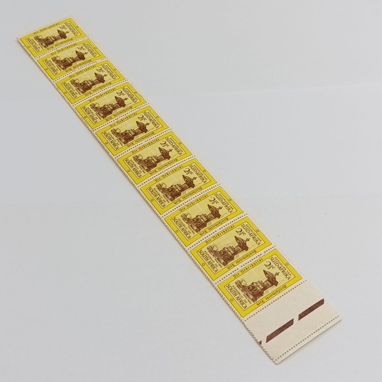 SACC 252 - Dutch Reformed Church Tercentenary 2 1/2c strip of 20 stamps with white line flaw through all