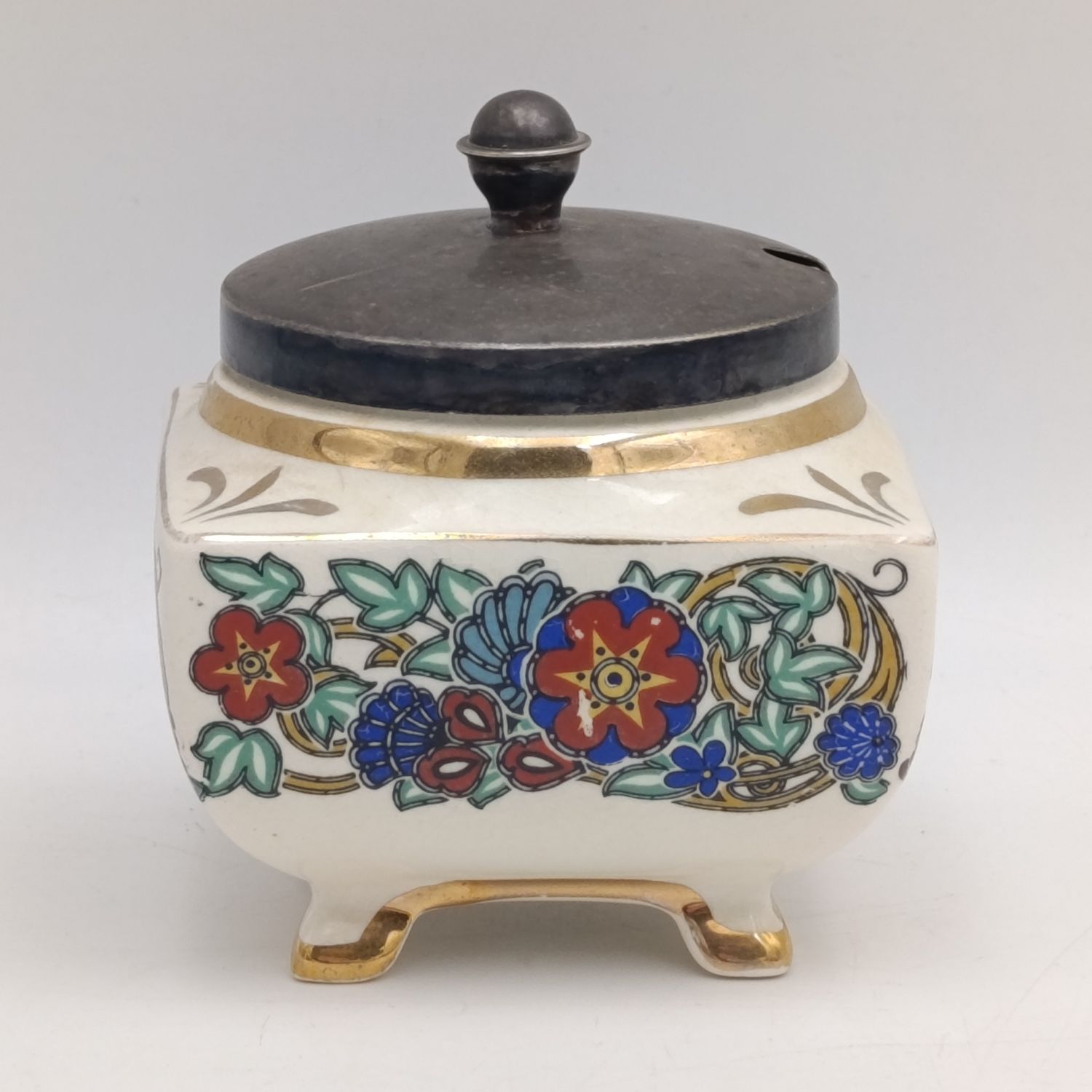 Antique Lancasters porcelain sugar bowl with silver plated lid