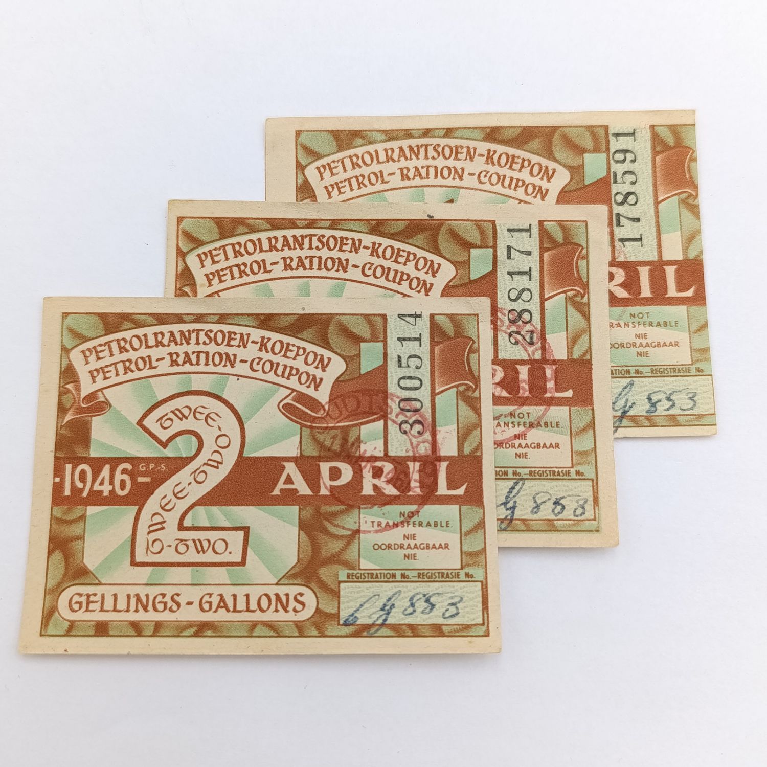 Lot of 3 different 1946 petrol coupons one golden miscut