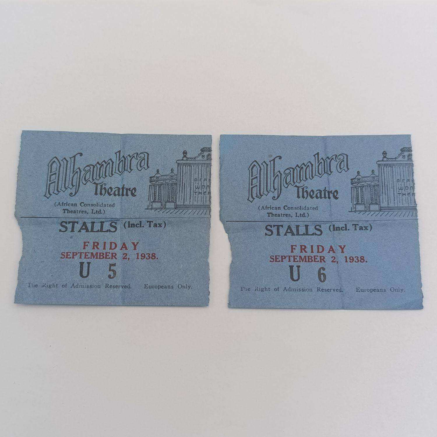 Alhambra Movie theatre Cape Town 2 Sept 1938 - Pair of tickets - Marked Europeans Only (Ten years before Apartheid Era)