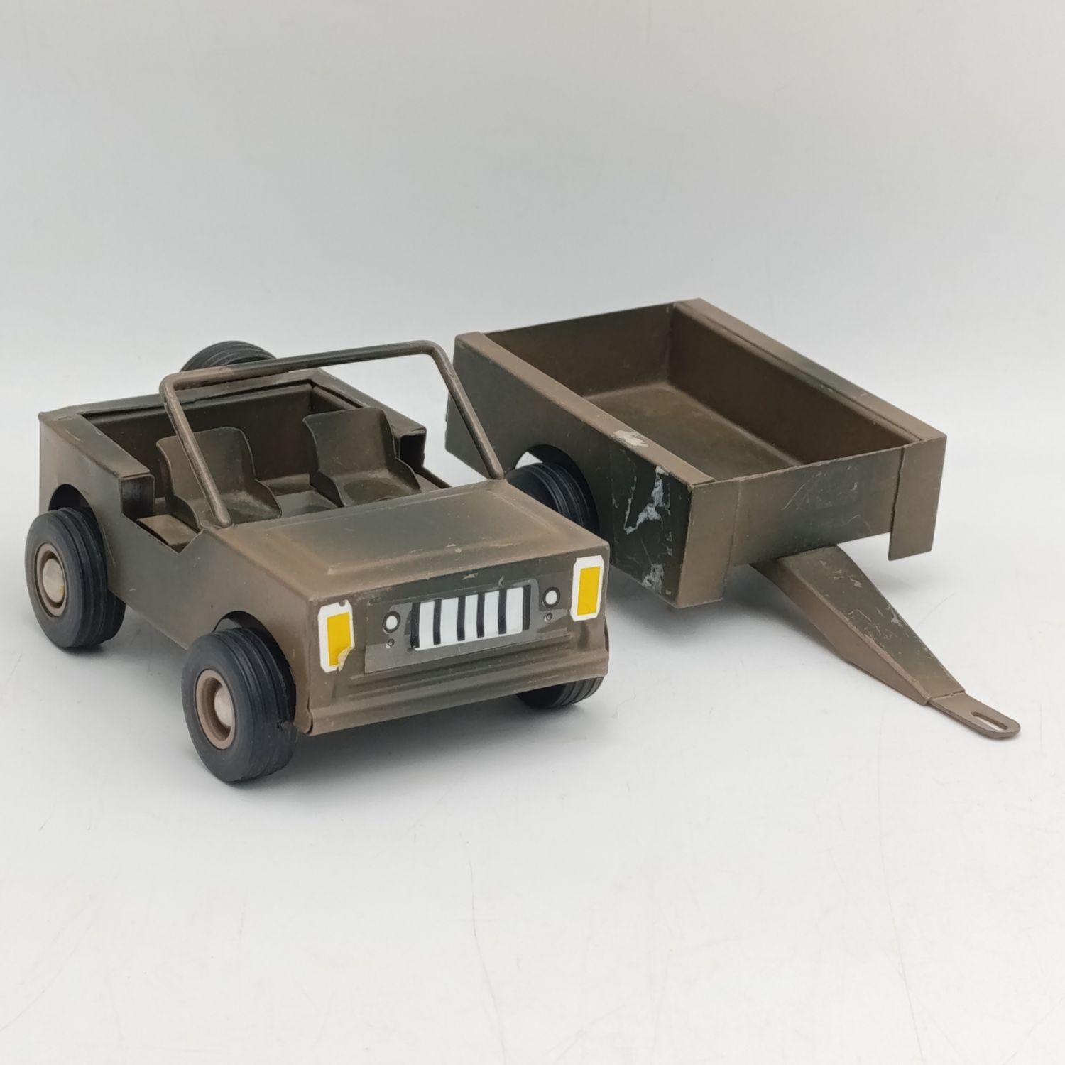 Vintage Pressed Steel Camo SA Army Jeep with trailer