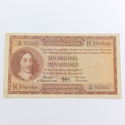 MH de Kock Banknote 2nd issue 10 shillings VF++ 1951 melamine