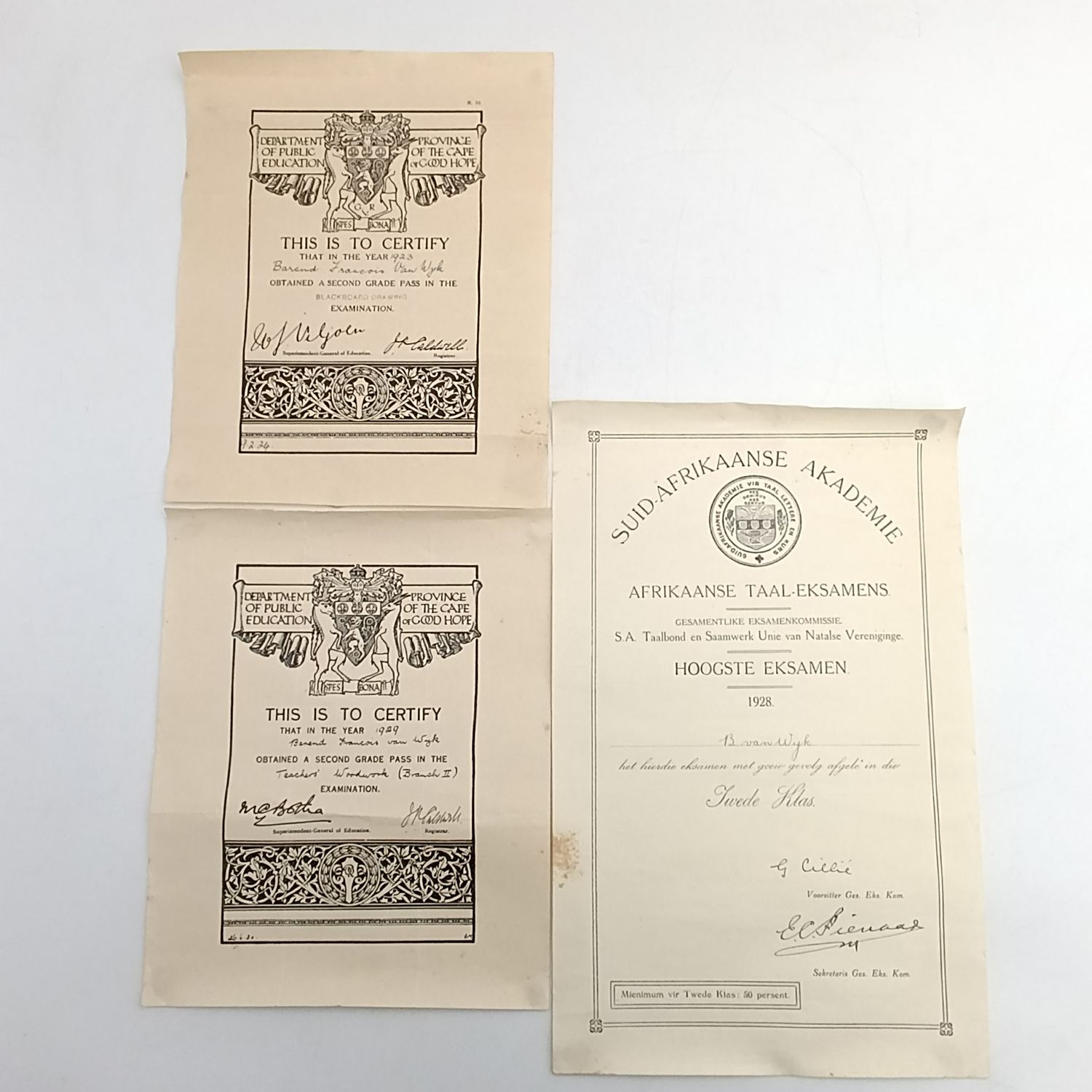 3 Certificates to Barend Francois van Wyk dated 1923 -     Blackboard drawing, 1928 - Taaleksamens, 1929 - Teachers woodwork