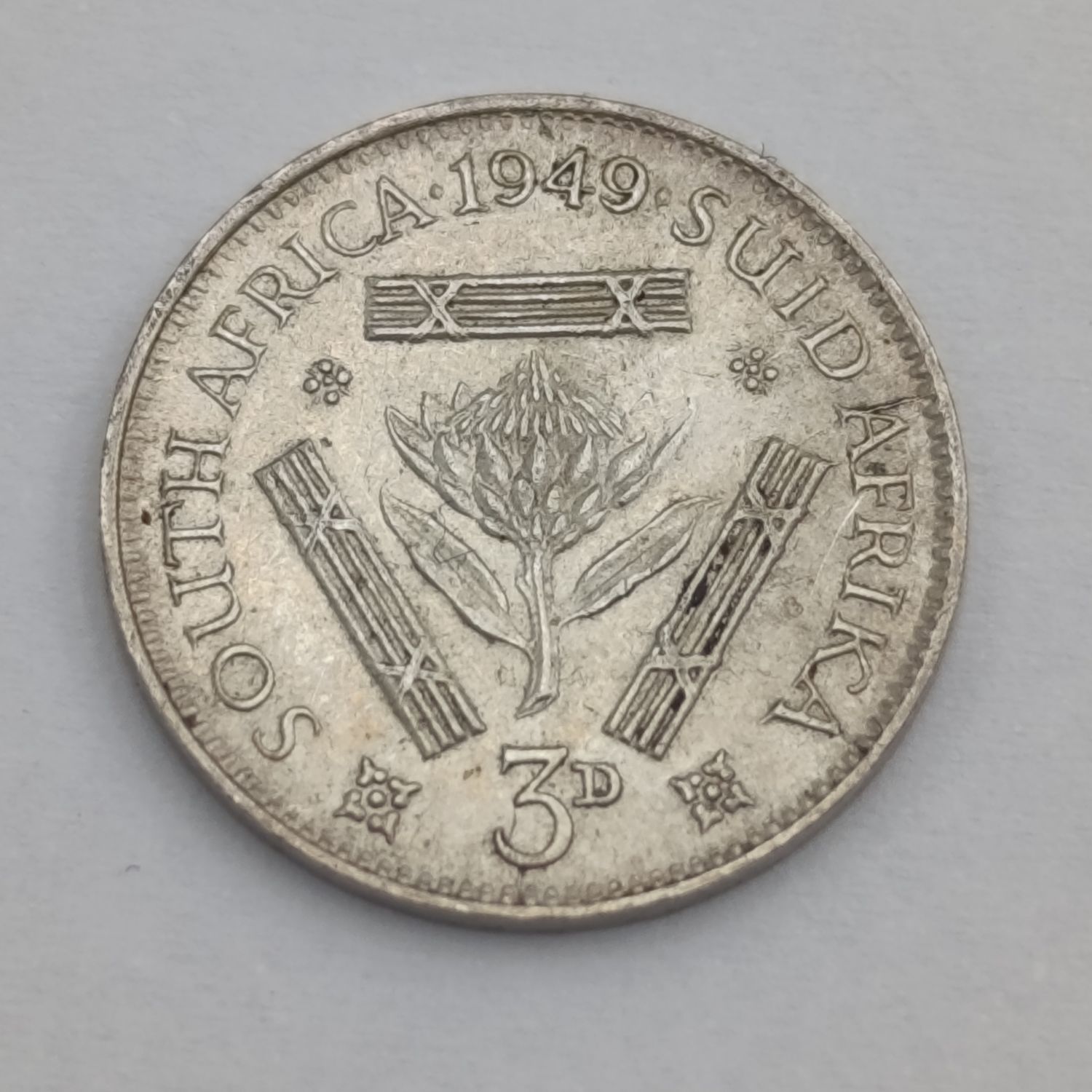 South Africa 1949 3d tickey - cracked die both sides