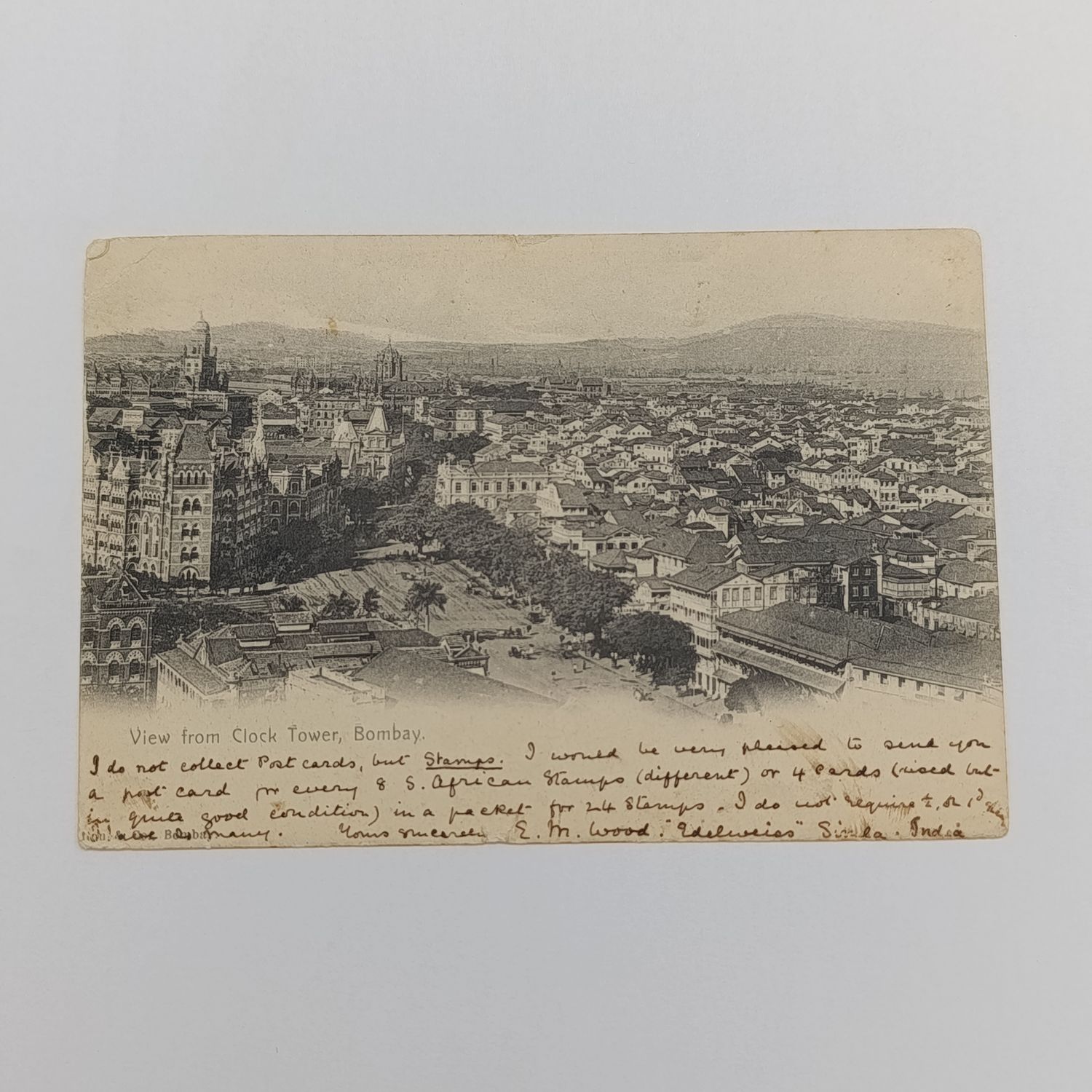 1906 Postcard from SIMLA, India to Koonap, Cape of Good Hope through Fort Beaufort - picture of Bombay