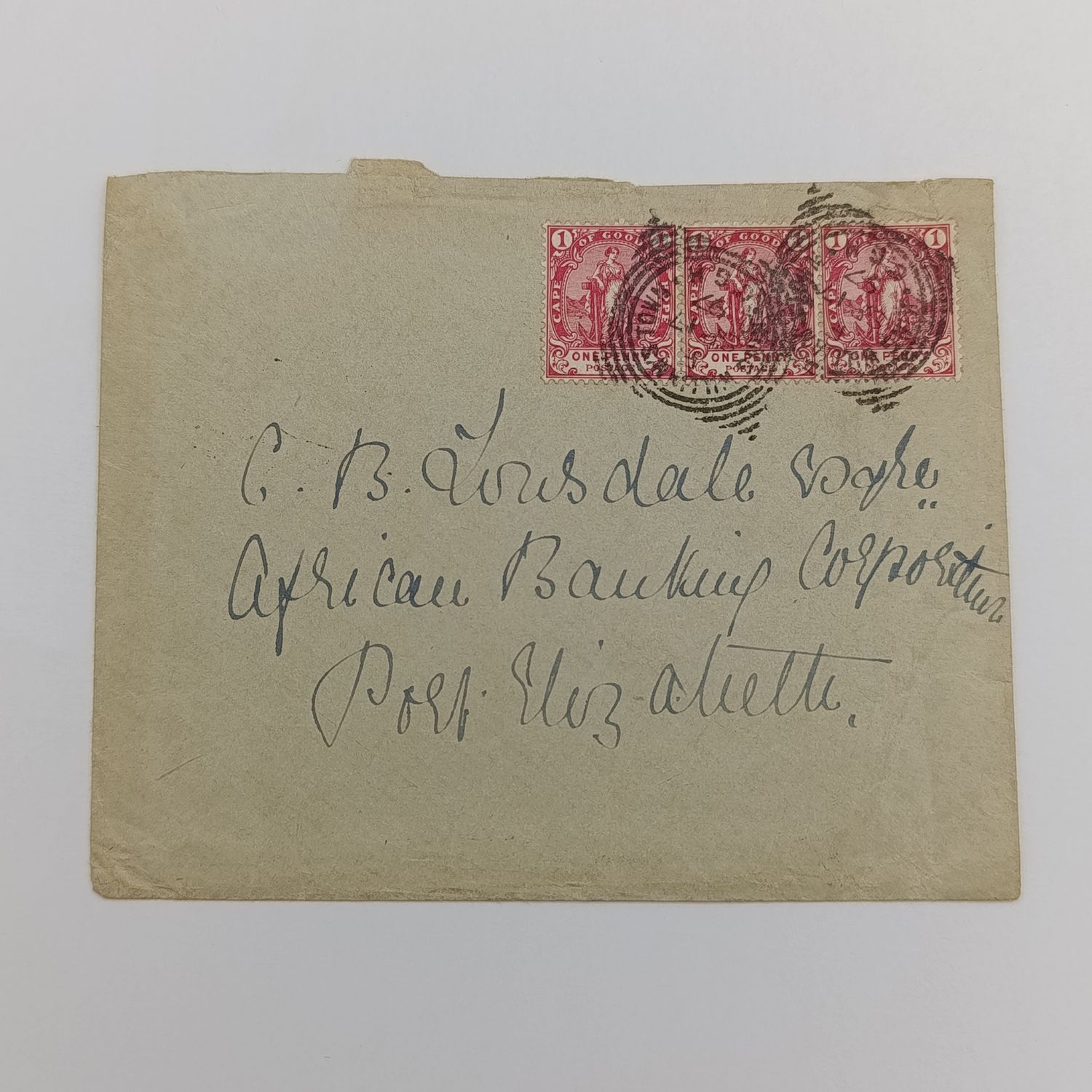 1897 letter from King Williams Town to Port Elizabeth - square cancels front on stamps and receiving cancel at back