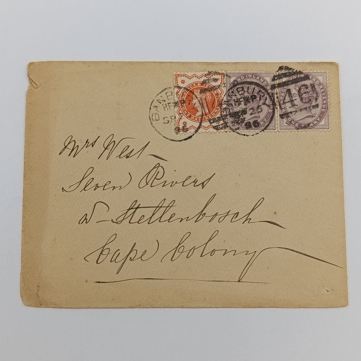 1896 Cover from Banbury England to Stellenbosch, Cape colony with 3 Victoria stamps back stamped Stellenbosch plus message at the back