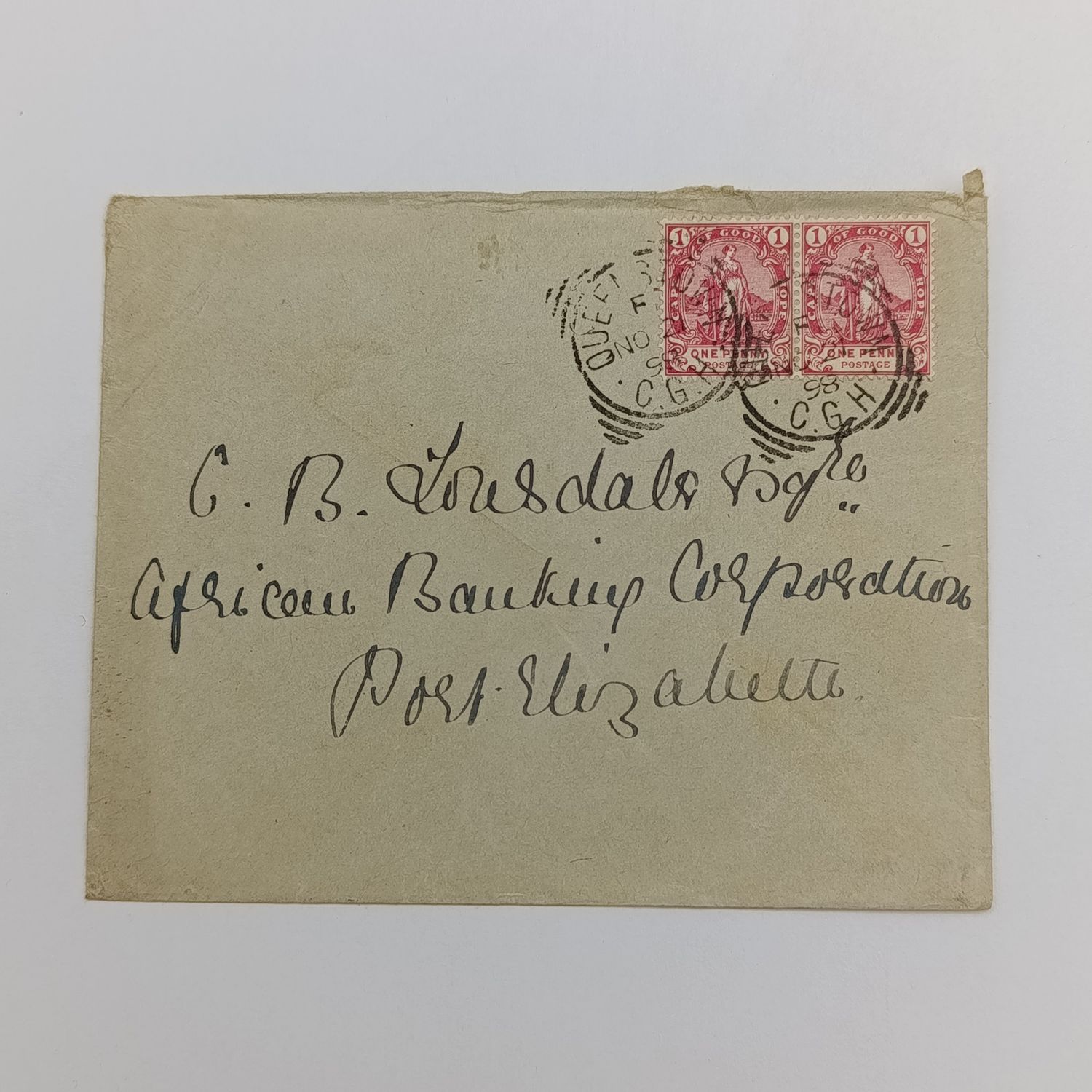 1898 letter Queenstown to Port Elizabeth - 2 Cape of Good hope one penny stamps - Square Circle cancels arriving  cancel at back Port Elizabeth
