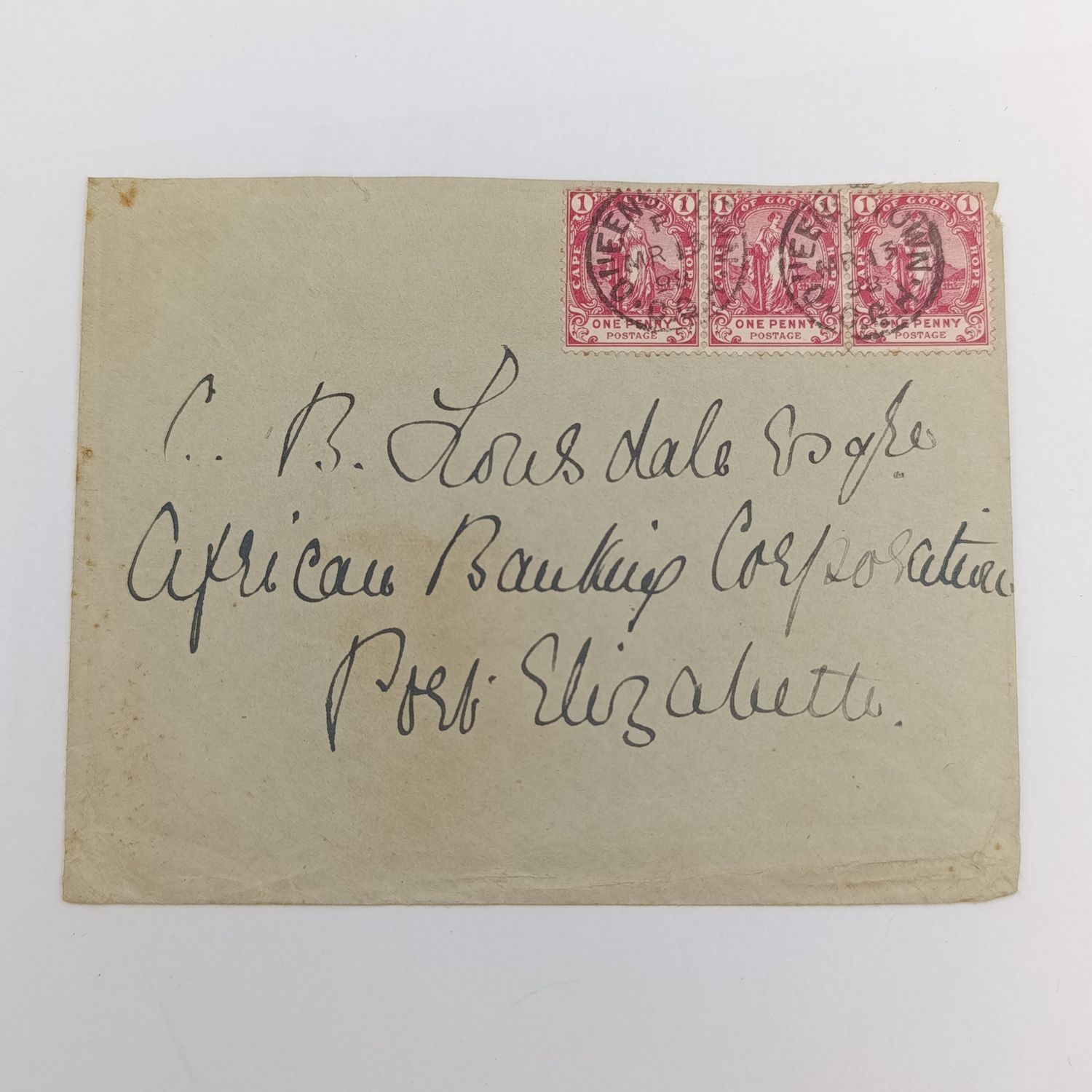 1898 letter Queenstown to Port Elizabeth 3 x One Penny Cape of Good Hope stamps cancelled Queenstown and receiver Cancel Port Elizabeth at the back